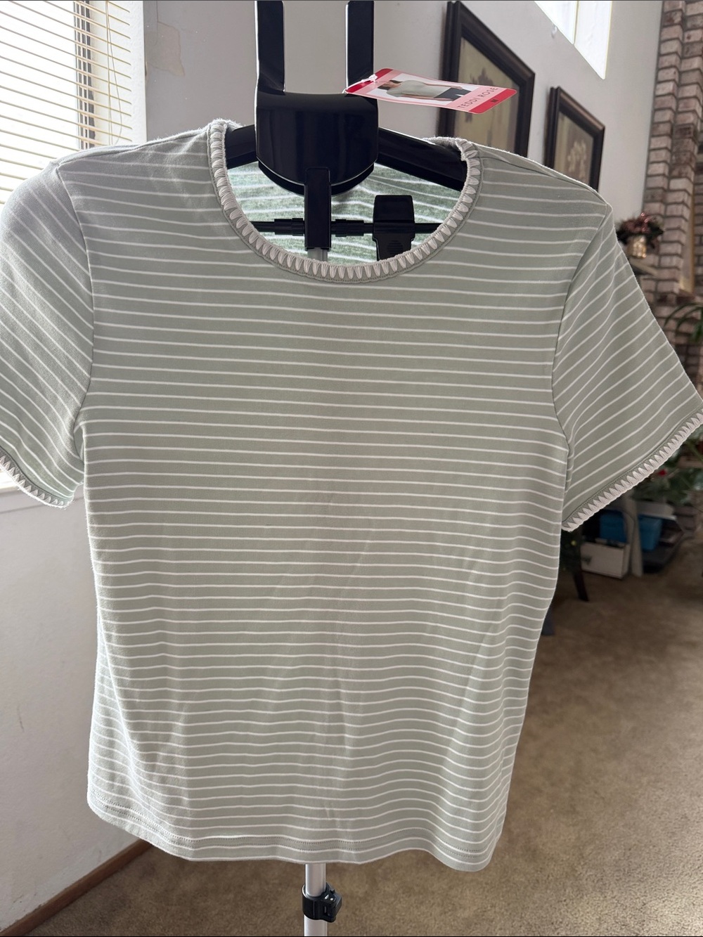 Teddi Rose Women’s Short Sleeve Striped Tee - Light Sage/White